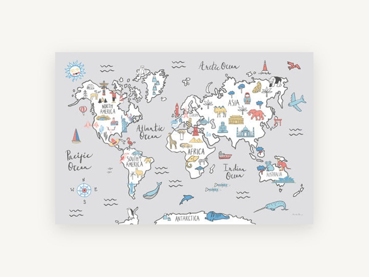 Little Explorer World Map, pastel illustrated kids world map, kids canvas wall art print, front view