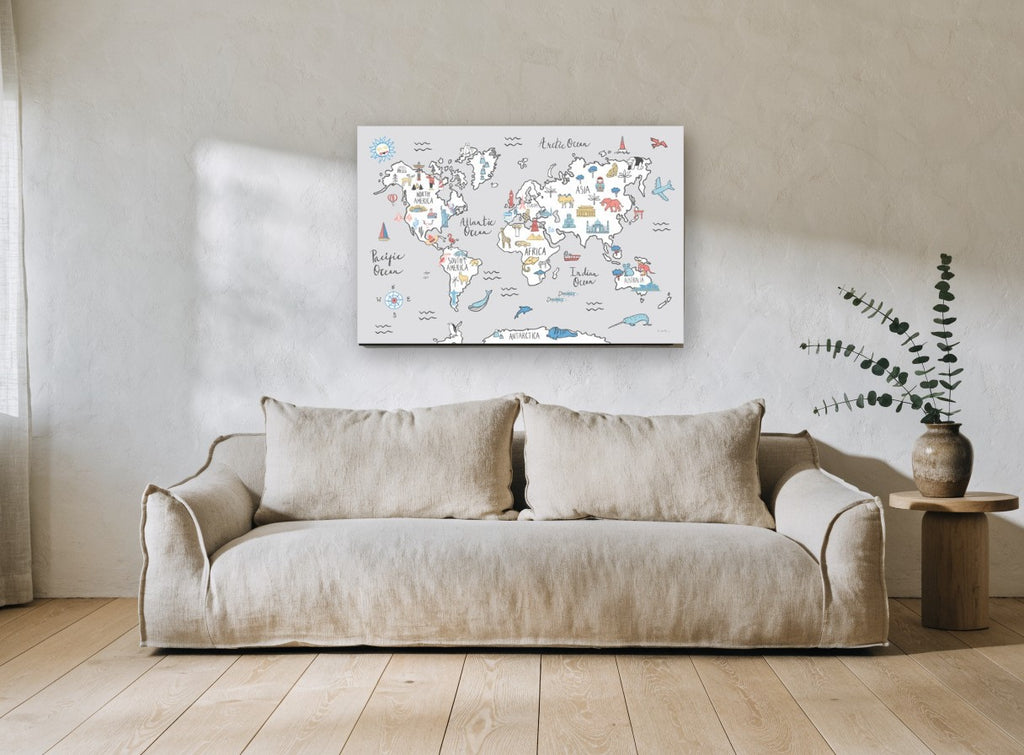 Little Explorer World Map kids canvas print on the wall of a living room