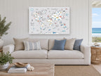 Little Explorer World Map kids canvas print on the wall of a beach house living room