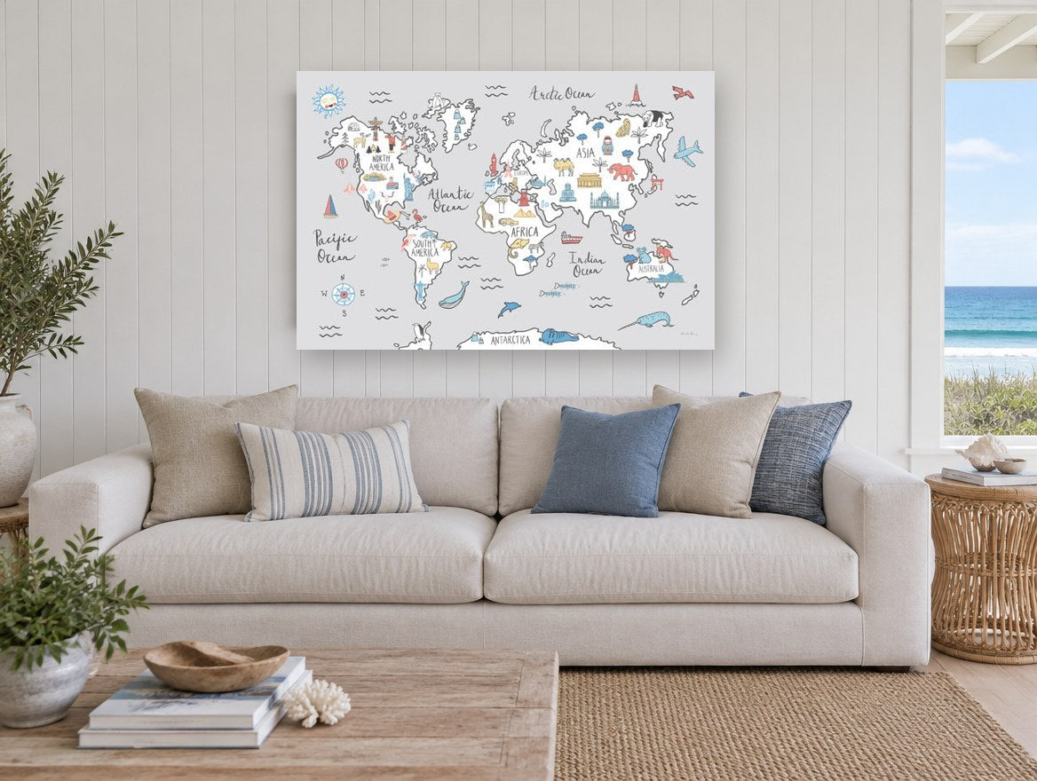 Little Explorer World Map kids canvas print on the wall of a beach house living room