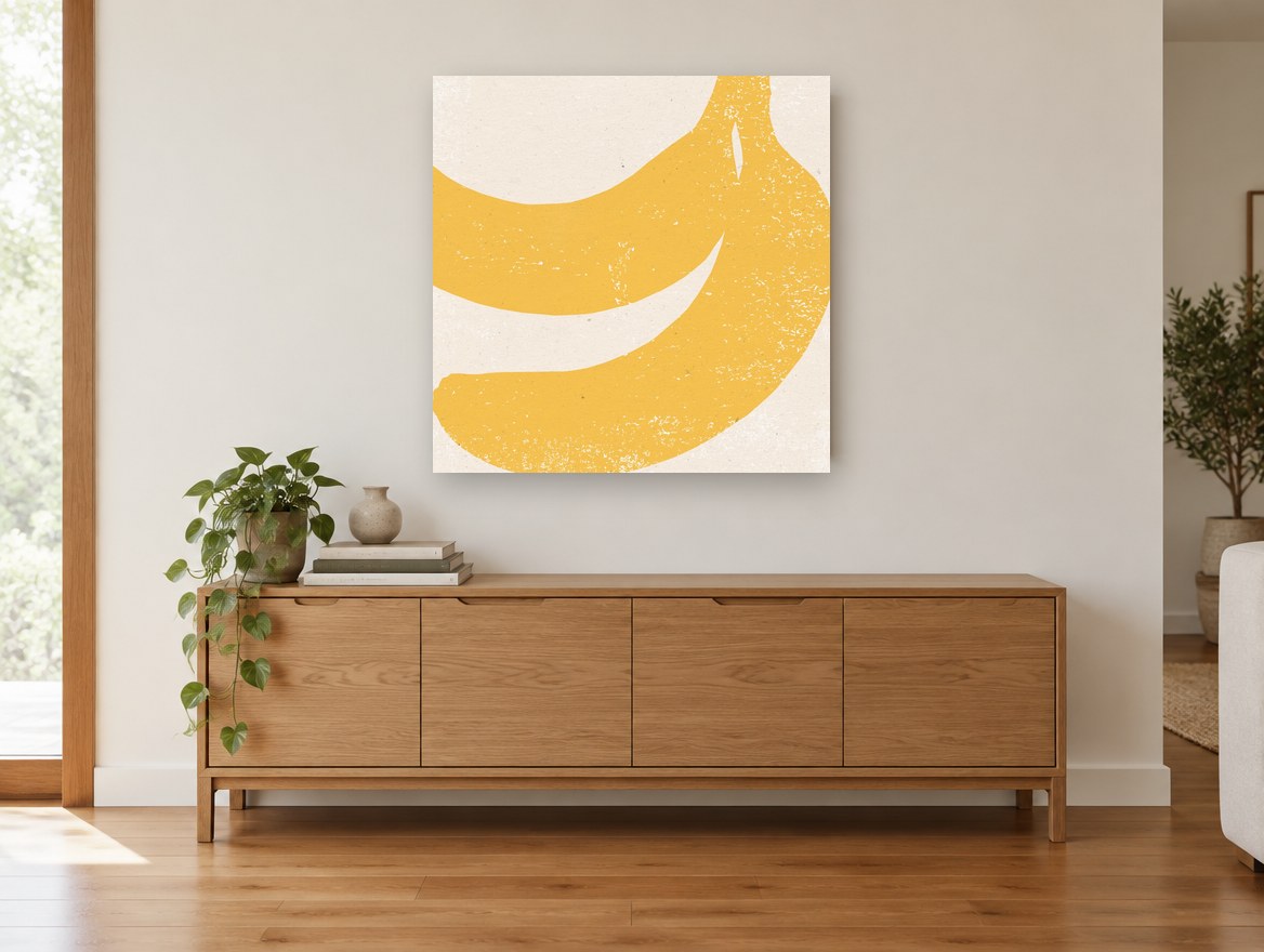 Yellow Banana Block kitchen canvas print on the wall of a living room above a sideboard