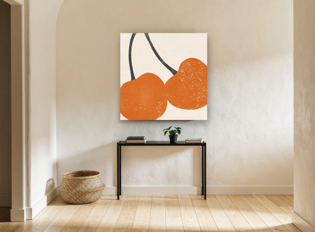Burnt Orange Cherries kitchen canvas print on the wall of a hallway