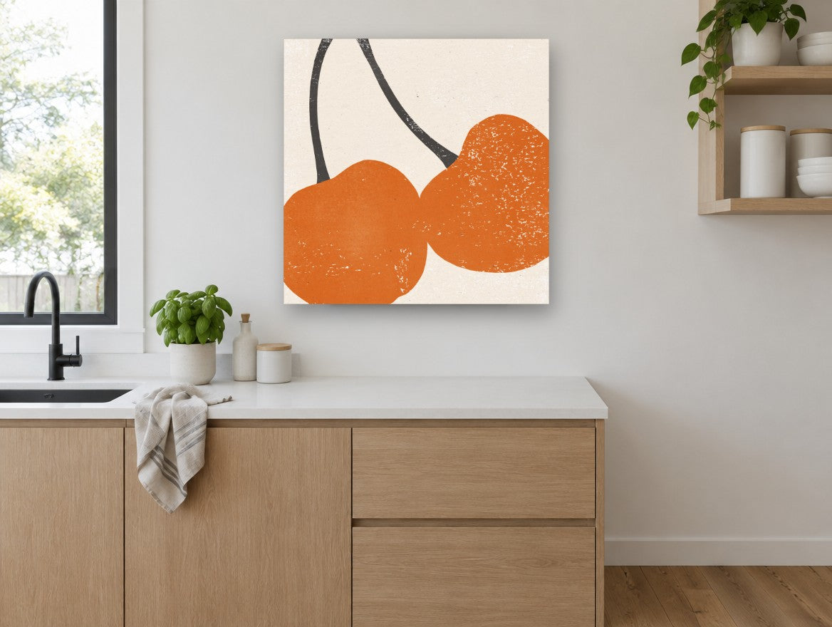 Burnt Orange Cherries kitchen canvas print on the wall of a kitchen