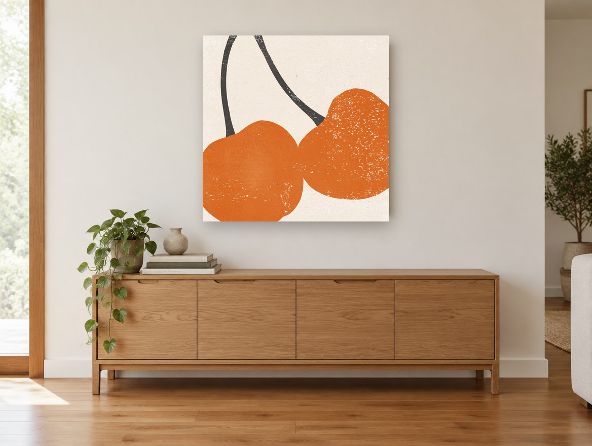 Burnt Orange Cherries kitchen canvas print on the wall of a living room above a sideboard