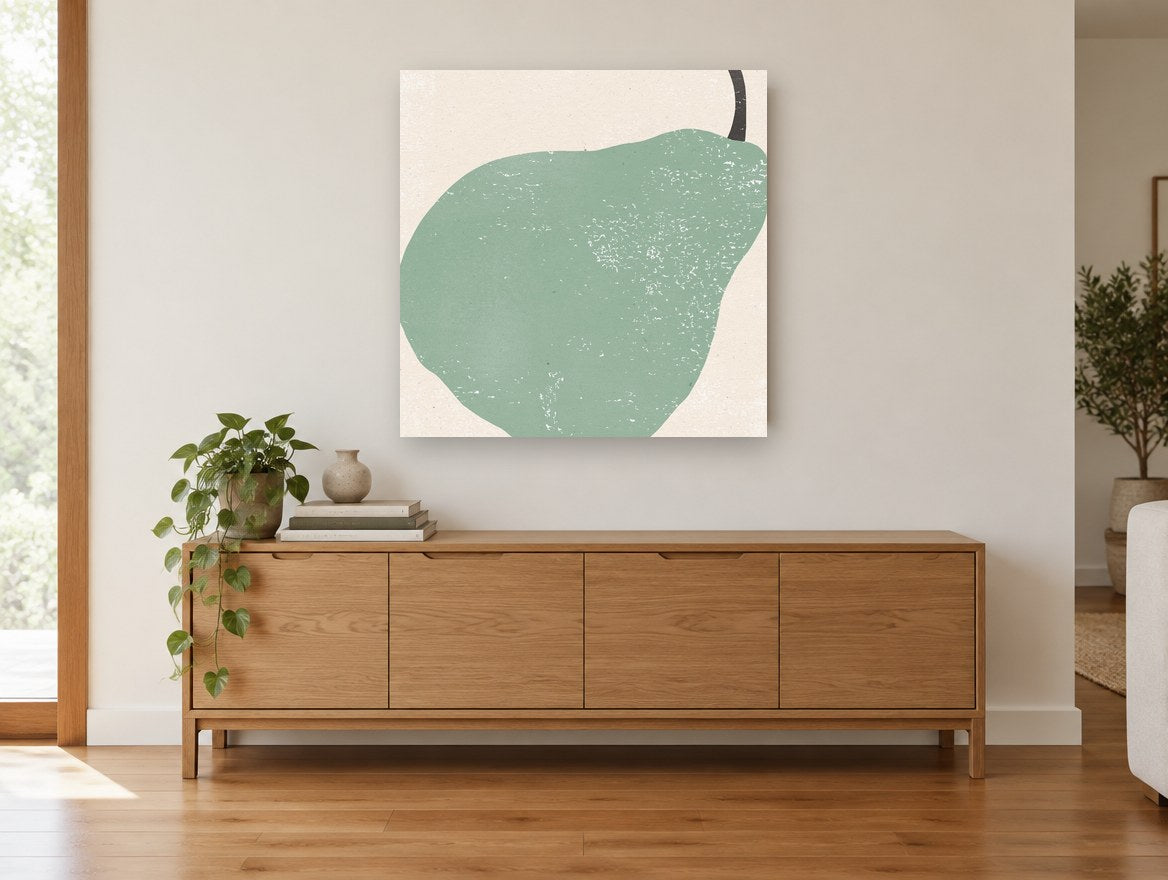 Sage Pear Block kitchen canvas print on the wall of a living room above a sideboard