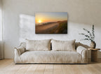 Misty Dune Sunrise coastal canvas print on the wall of a living room