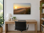 Misty Dune Sunrise coastal canvas print on the wall of a study