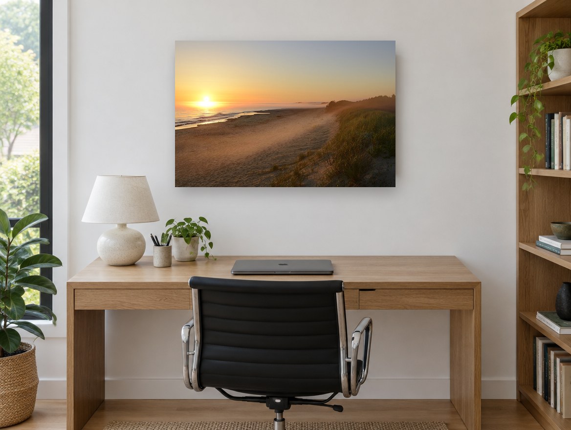 Misty Dune Sunrise coastal canvas print on the wall of a study