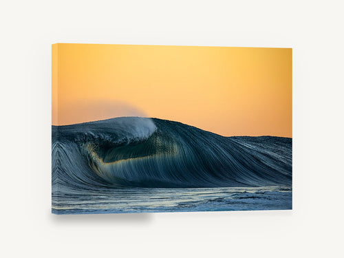 Amber Dusk Barrel, ocean wave sunset photograph, coastal canvas wall art print ready to hang