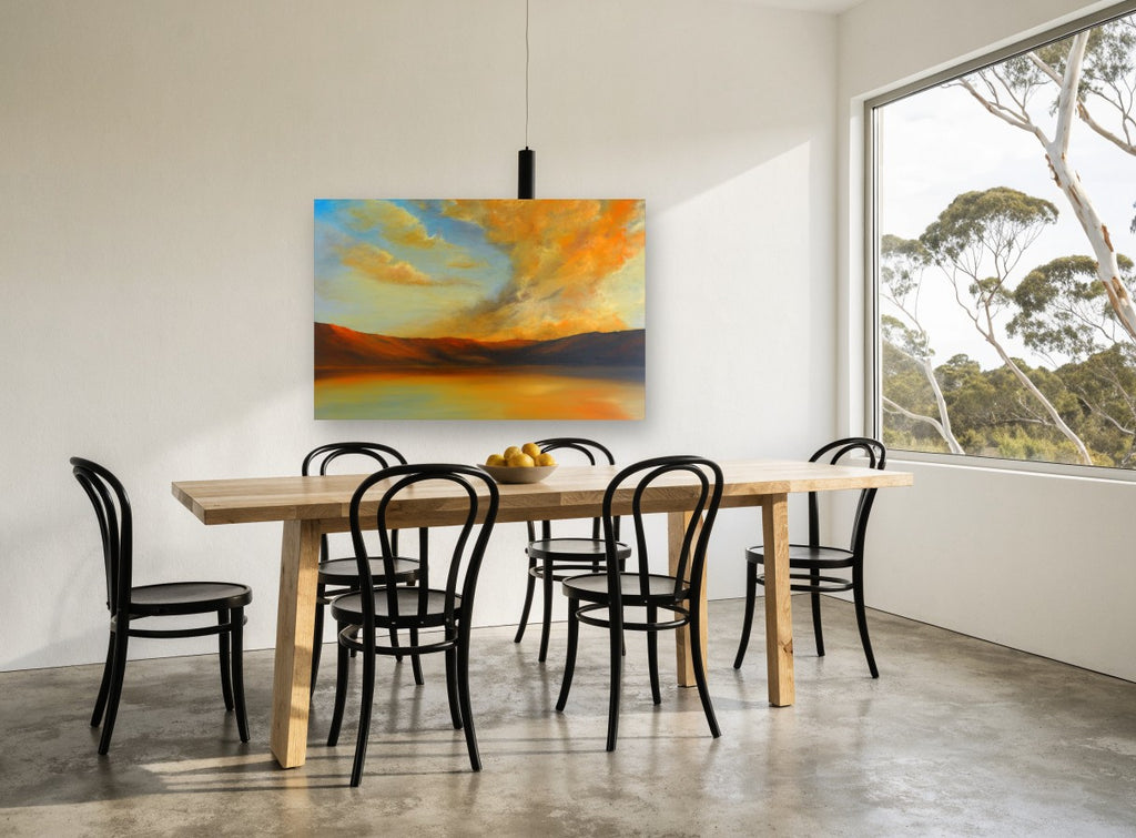 Amber Cloud Shoreline coastal canvas print on the wall of a dining room