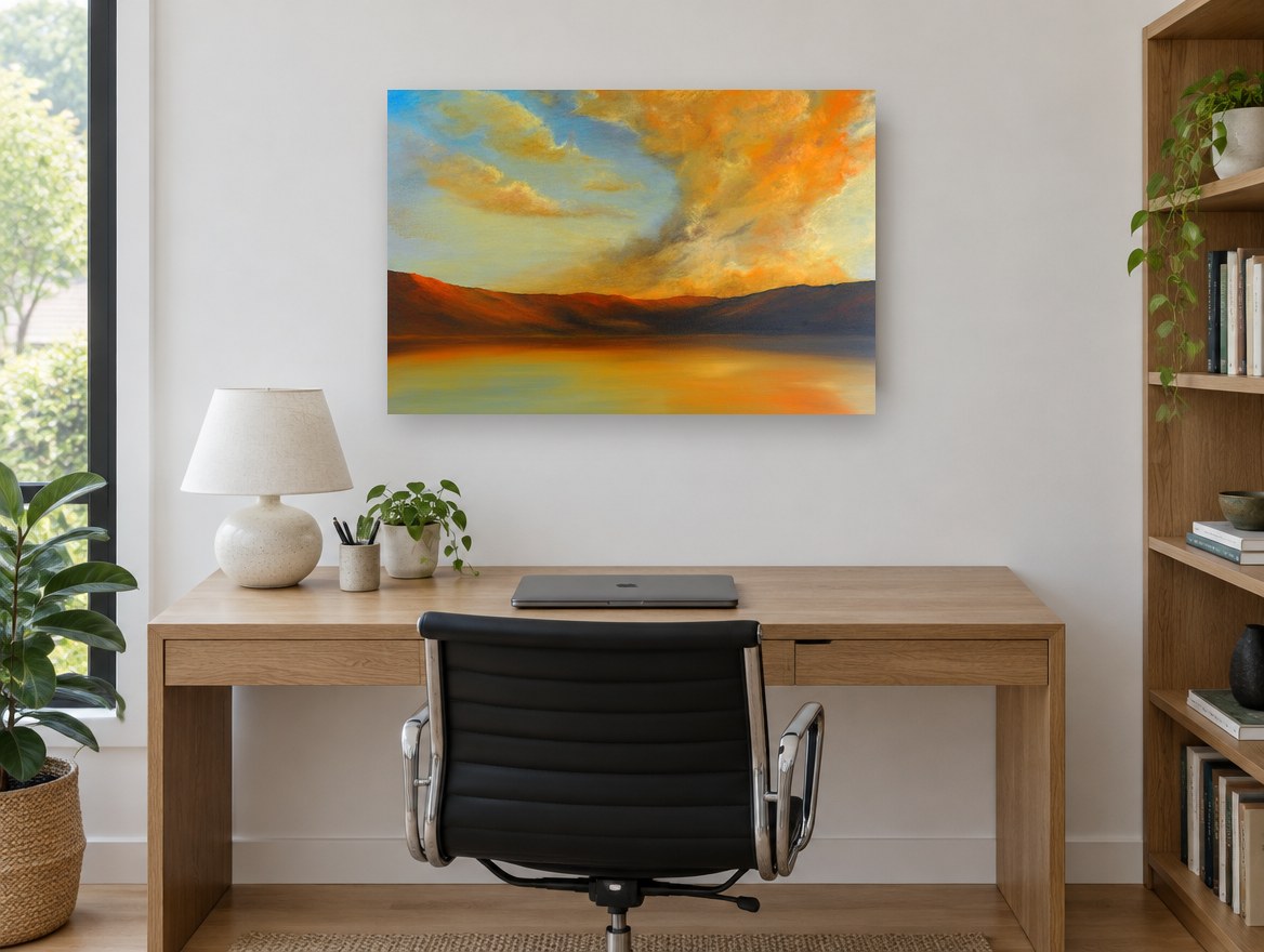 Amber Cloud Shoreline coastal canvas print on the wall of a study