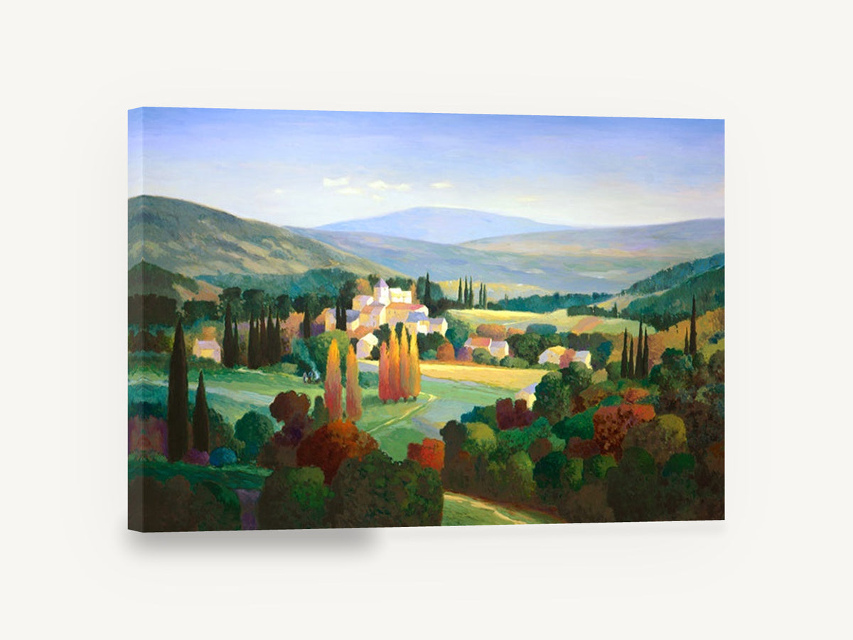 Cypress Valley Village, hilltop village valley landscape painting, landscape canvas wall art print ready to hang