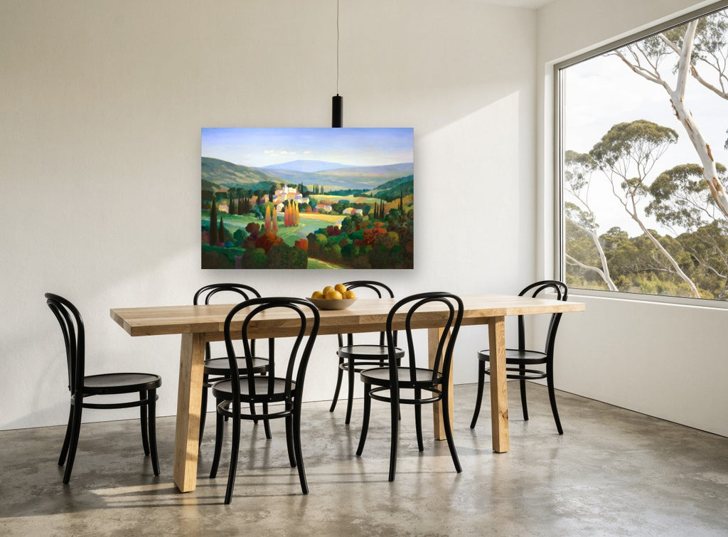 Cypress Valley Village landscape canvas print on the wall of a dining room