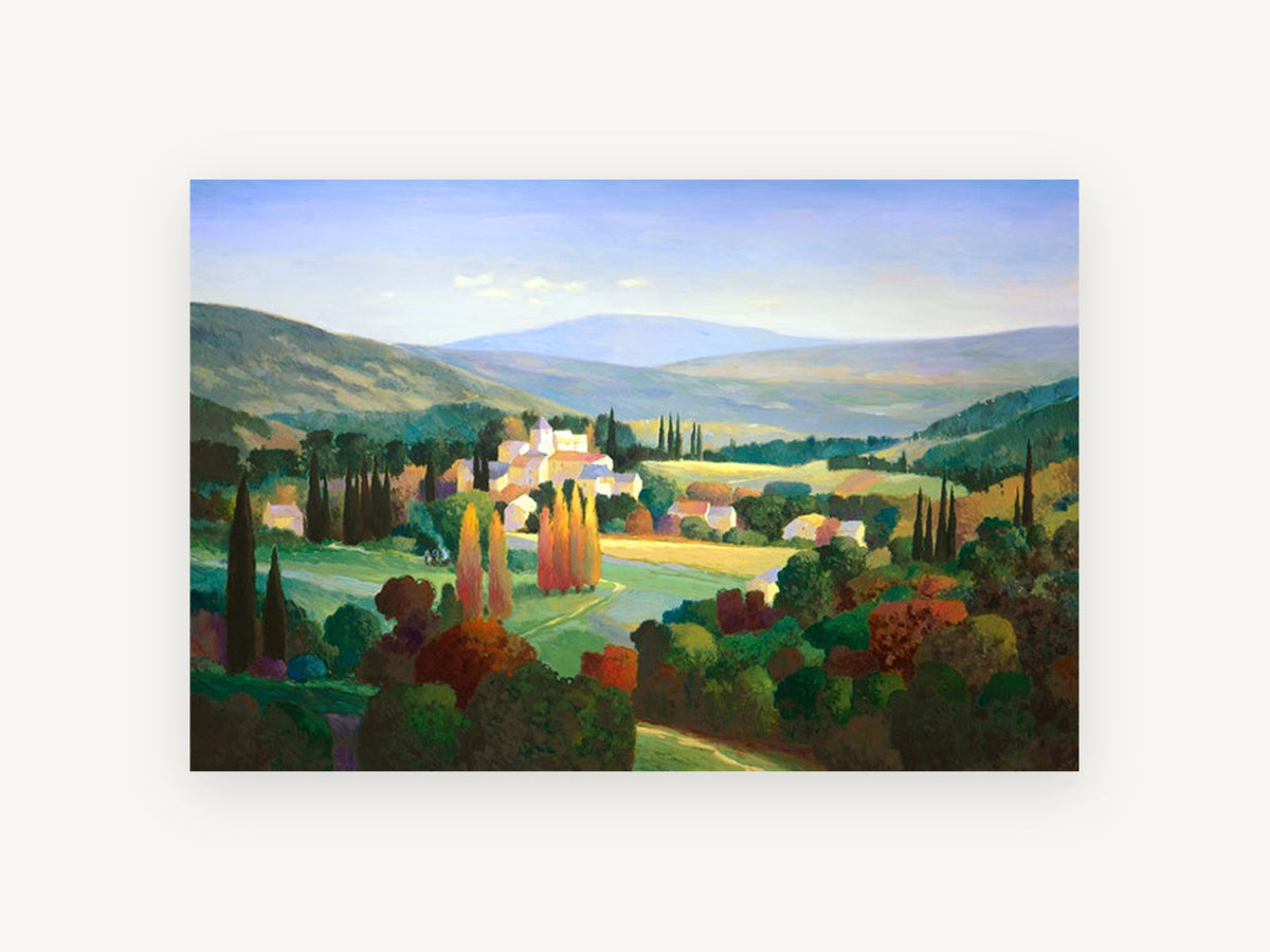 Cypress Valley Village, hilltop village valley landscape painting, landscape canvas wall art print, front view