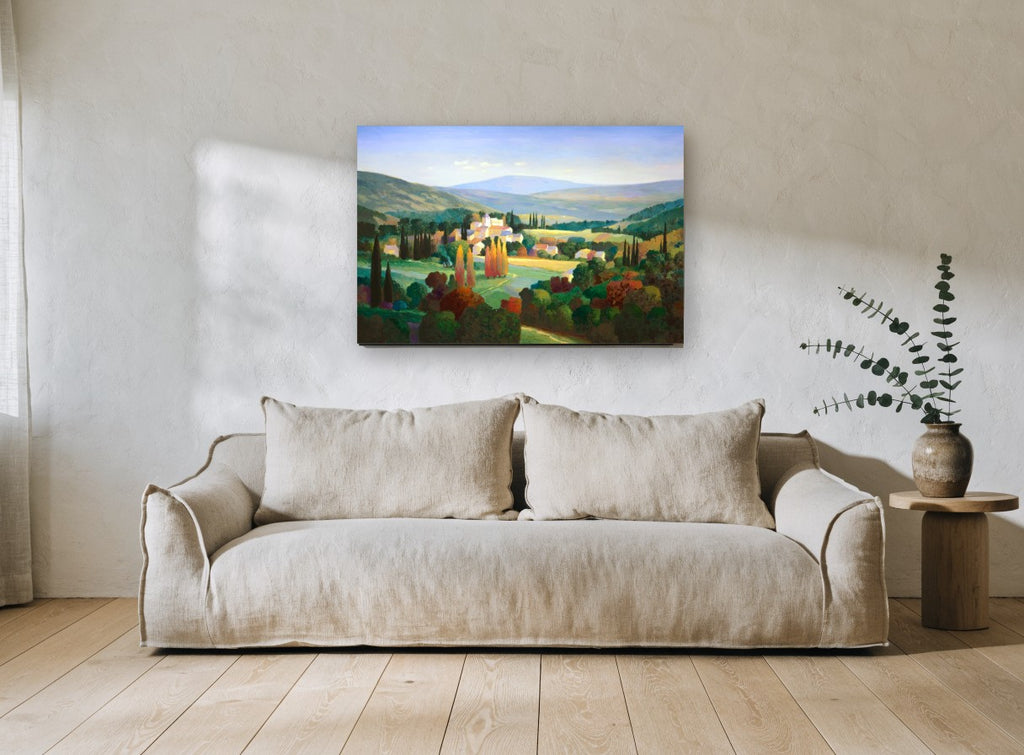 Cypress Valley Village landscape canvas print on the wall of a living room