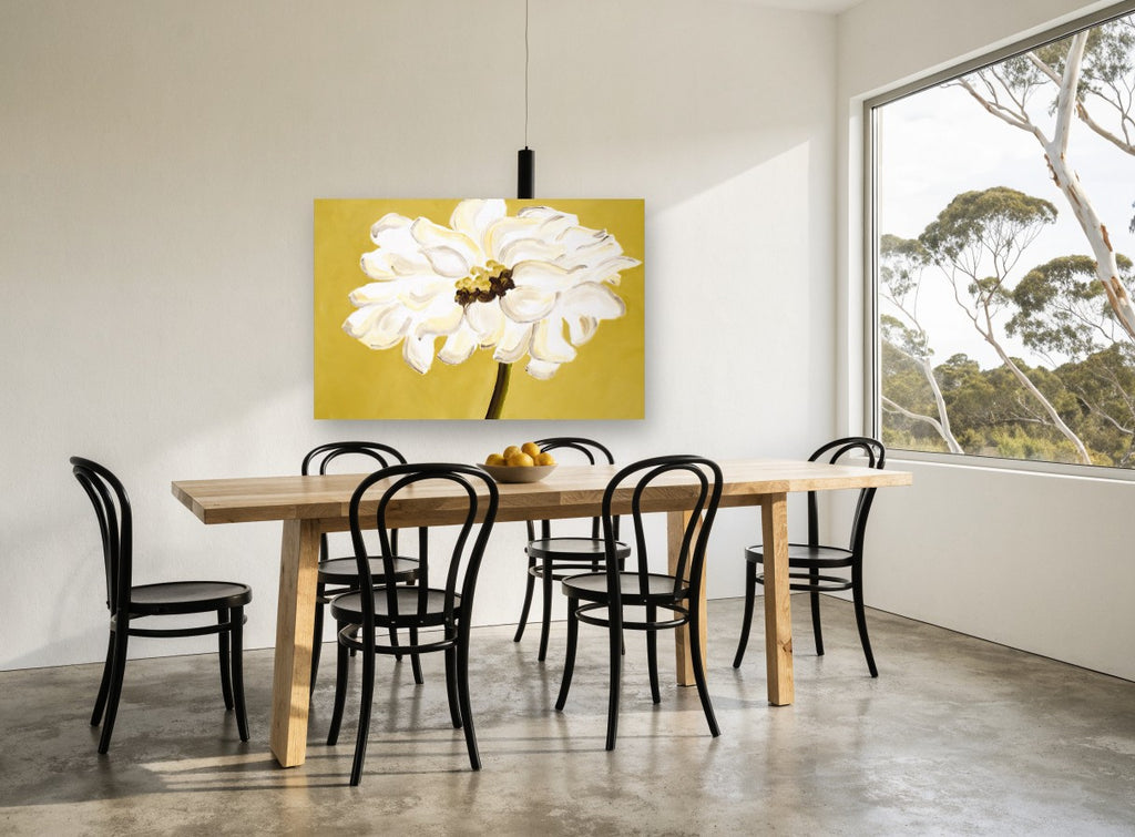 Ivory Bloom on Ochre floral canvas print on the wall of a dining room