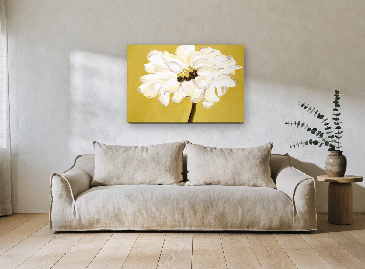 Ivory Bloom on Ochre floral canvas print on the wall of a living room