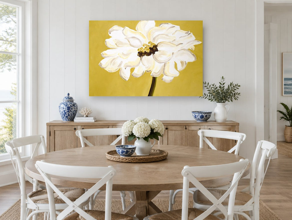 Ivory Bloom on Ochre floral canvas print on the wall of a Hamptons dining room