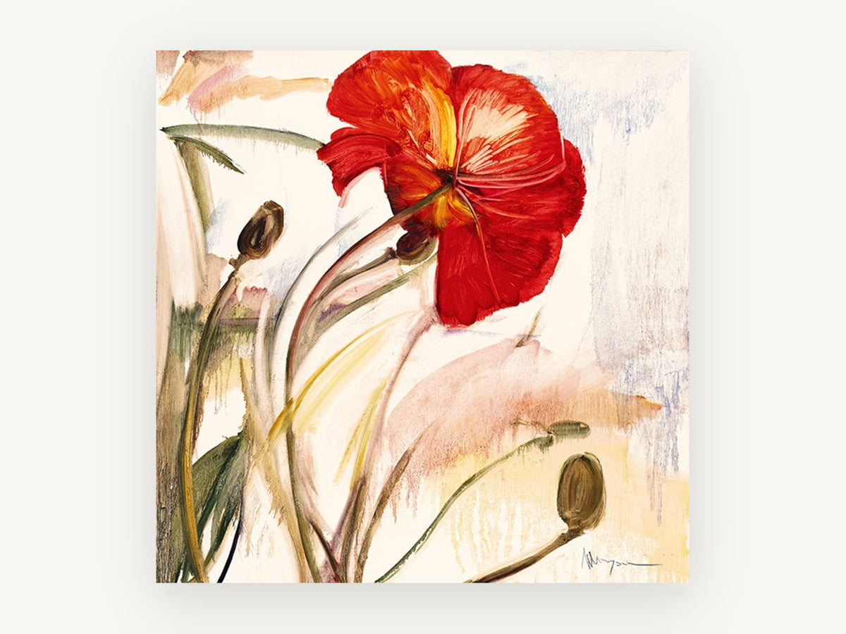 Crimson Poppy Bloom, floral canvas wall art print, front view