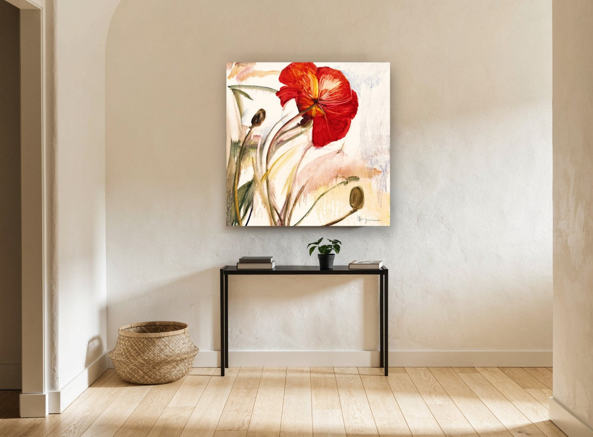 Crimson Poppy Bloom floral canvas print on the wall of a hallway