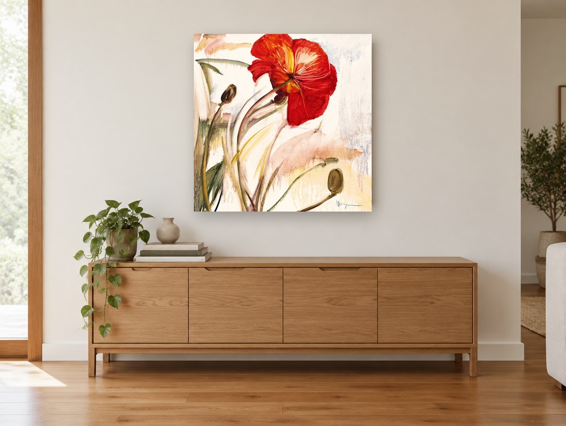 Crimson Poppy Bloom floral canvas print on the wall of a living room above a sideboard