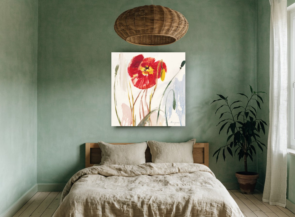 Scarlet Poppy Drift floral canvas print on the wall of a bedroom