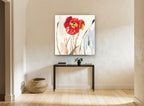 Scarlet Poppy Drift floral canvas print on the wall of a hallway