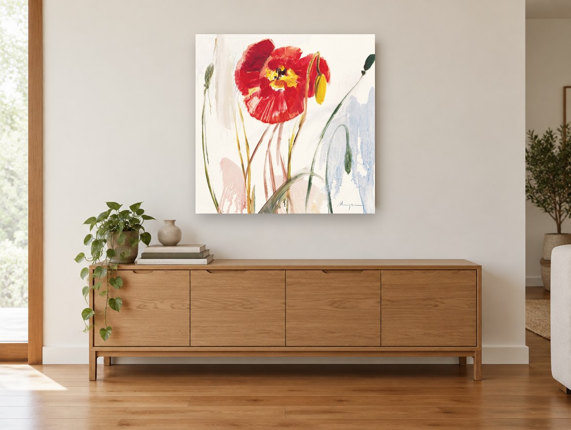 Scarlet Poppy Drift floral canvas print on the wall of a living room above a sideboard