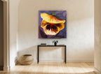 Golden Pansy Glow floral canvas print on the wall of a hallway