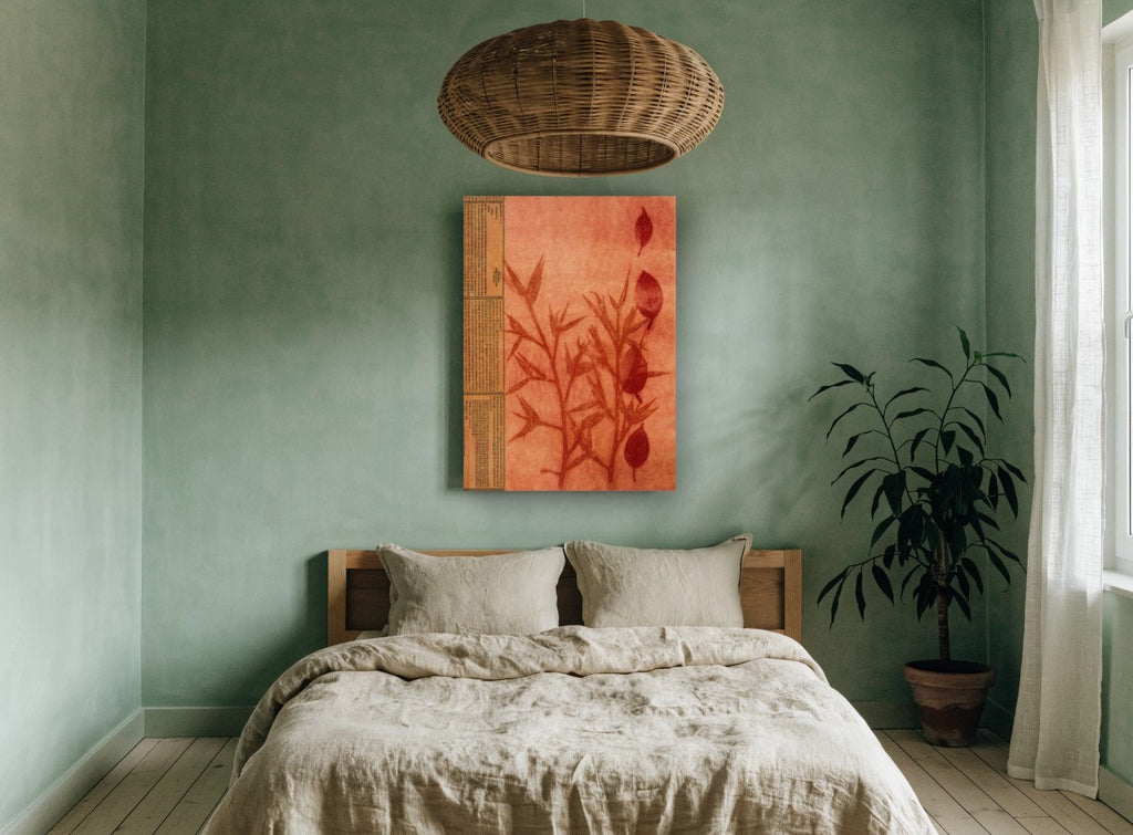 Rust Leaf Newsprint floral canvas print on the wall of a bedroom
