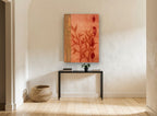 Rust Leaf Newsprint floral canvas print on the wall of a hallway