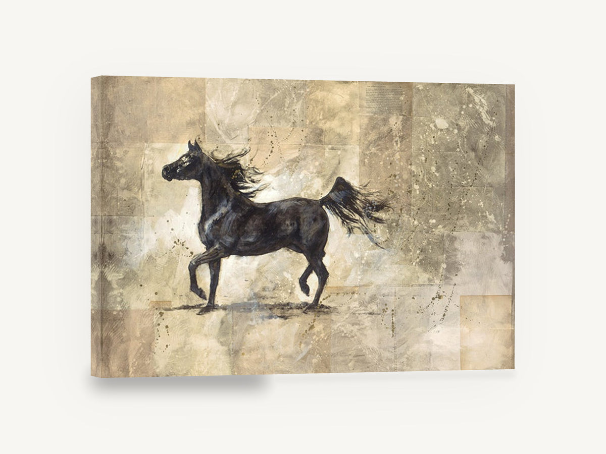 Dark Horse in Motion, black horse mixed media illustration, animal canvas wall art print ready to hang