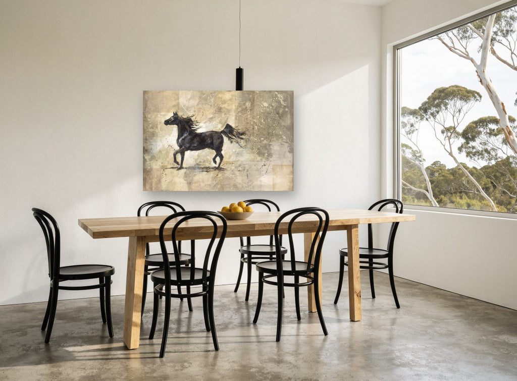Dark Horse in Motion animal canvas print on the wall of a dining room