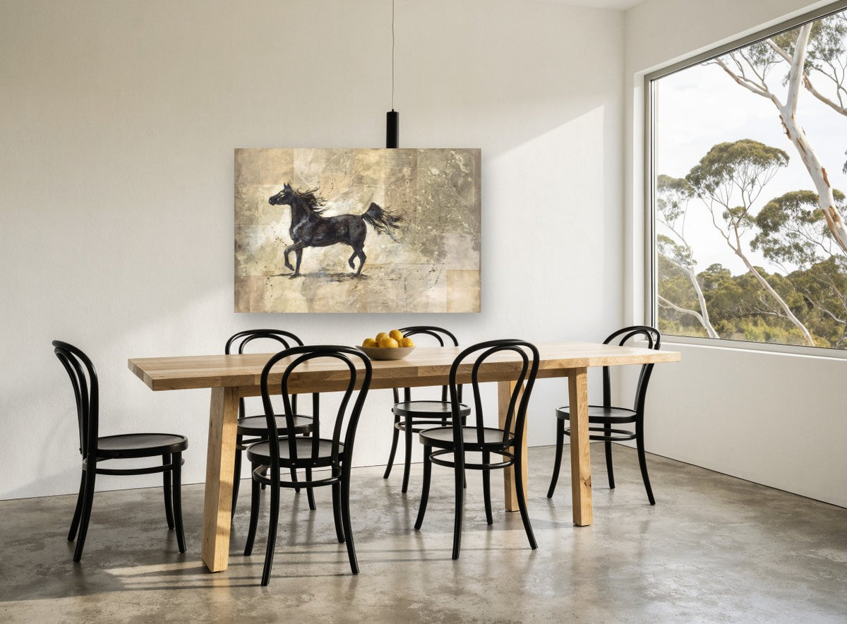 Dark Horse in Motion animal canvas print on the wall of a dining room