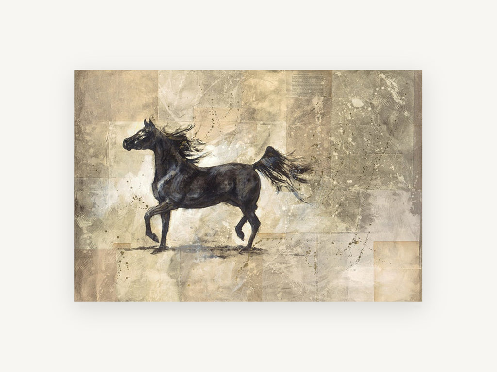 Dark Horse in Motion, black horse mixed media illustration, animal canvas wall art print, front view