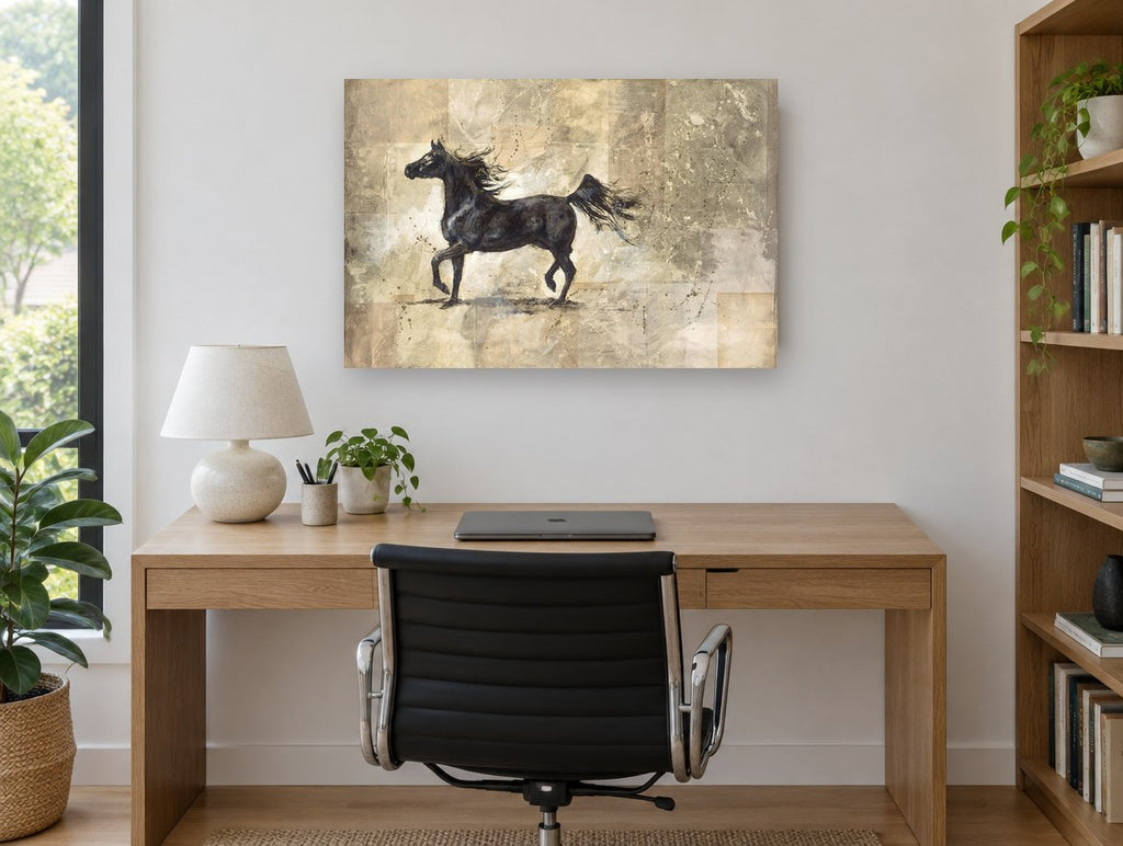 Dark Horse in Motion animal canvas print on the wall of a study