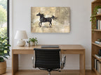 Dark Horse in Motion animal canvas print on the wall of a study