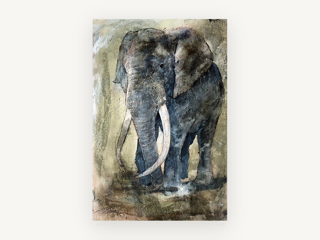 Weathered Bull Elephant, elephant mixed media portrait, animal canvas wall art print, front view