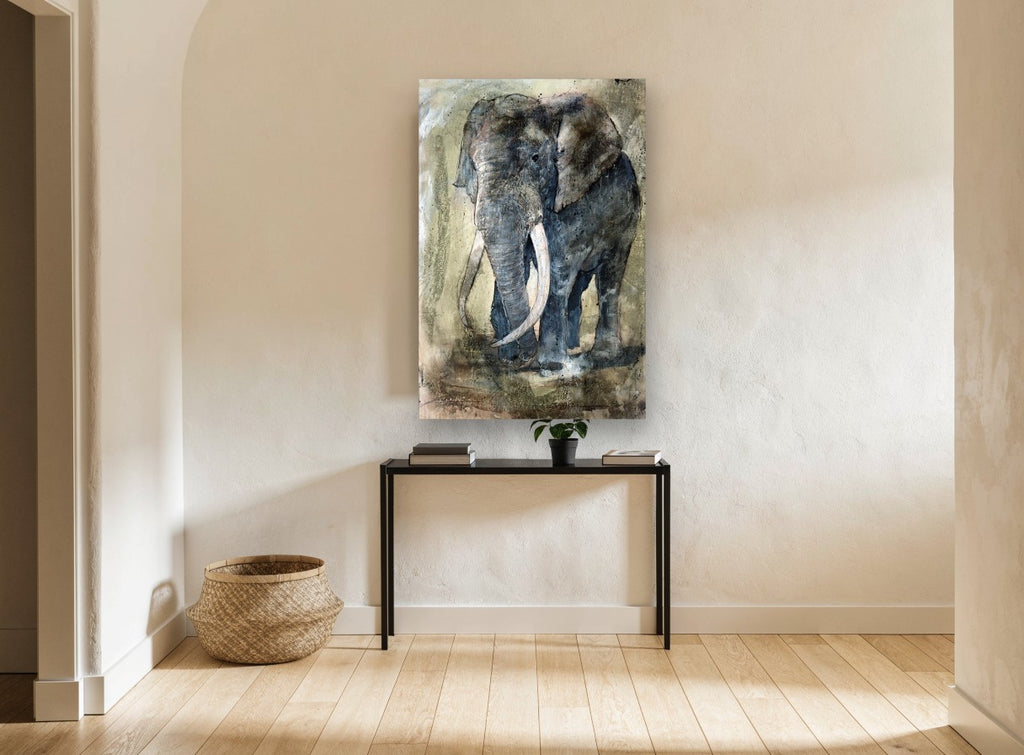 Weathered Bull Elephant animal canvas print on the wall of a hallway