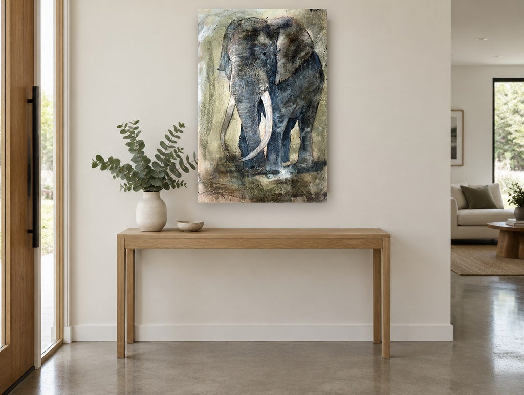 Weathered Bull Elephant animal canvas print on the wall of a entry hall