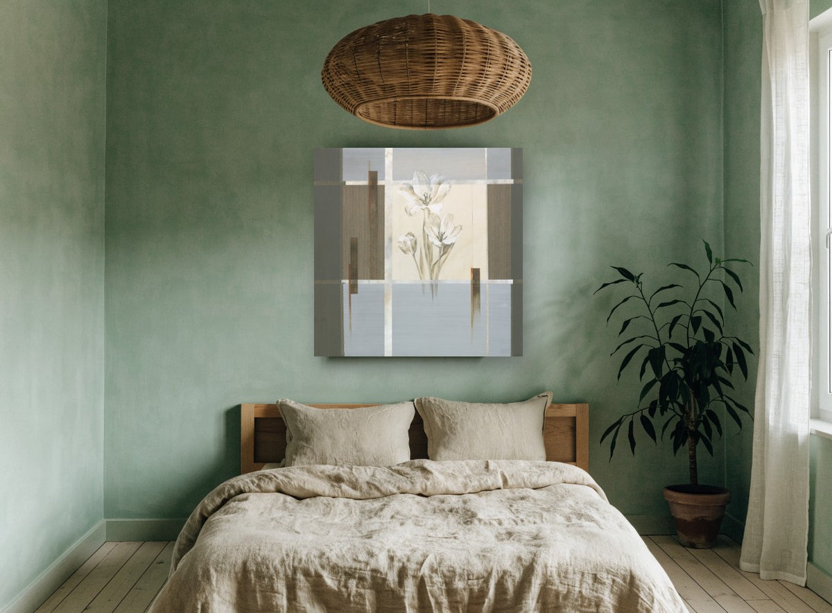 Tulips in Grey Panels floral canvas print on the wall of a bedroom