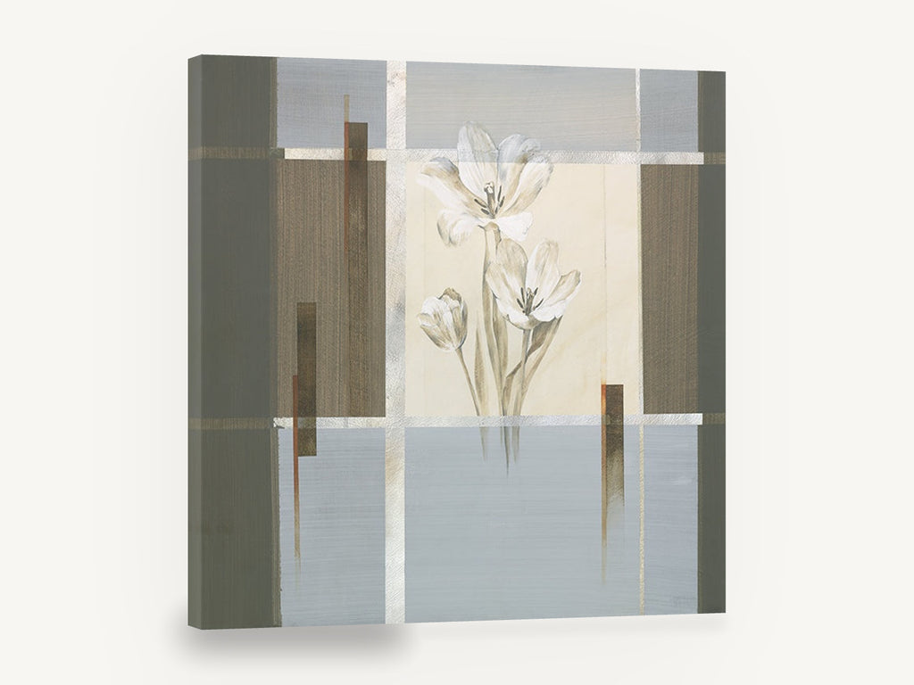 Tulips in Grey Panels, white tulips geometric panel floral, floral canvas wall art print ready to hang