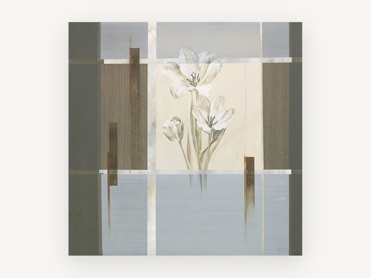Tulips in Grey Panels, floral canvas wall art print, front view
