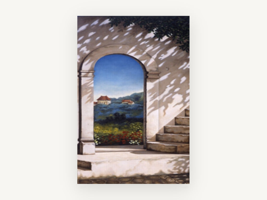 Arch to the Valley, stone archway countryside view painting, landscape canvas wall art print, front view