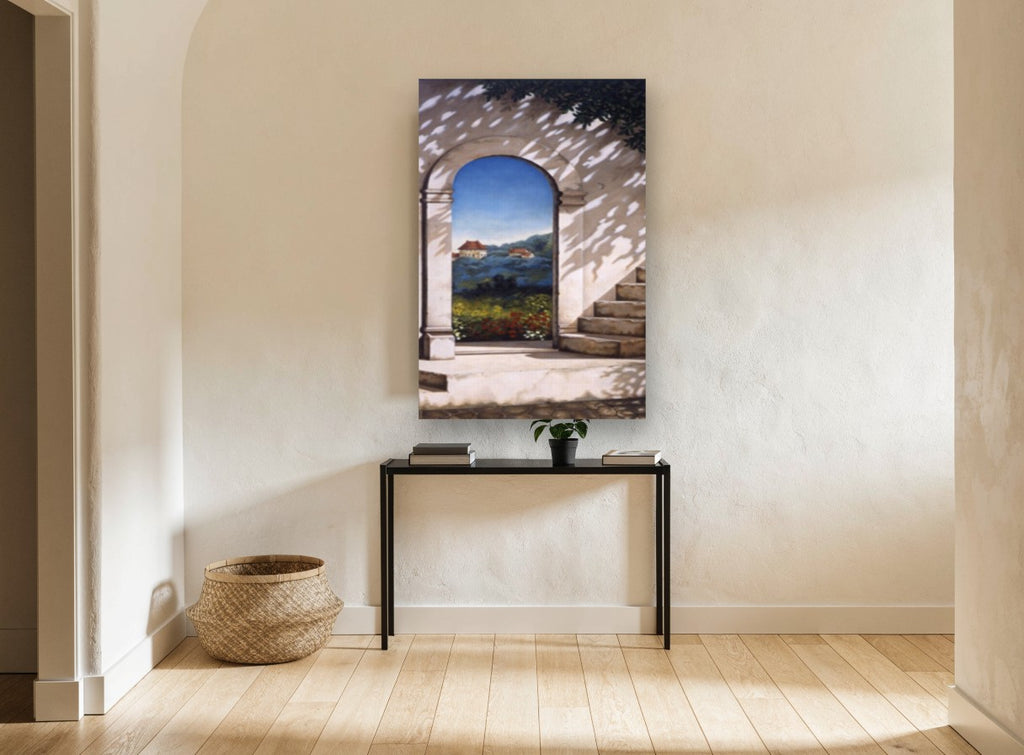 Arch to the Valley landscape canvas print on the wall of a hallway
