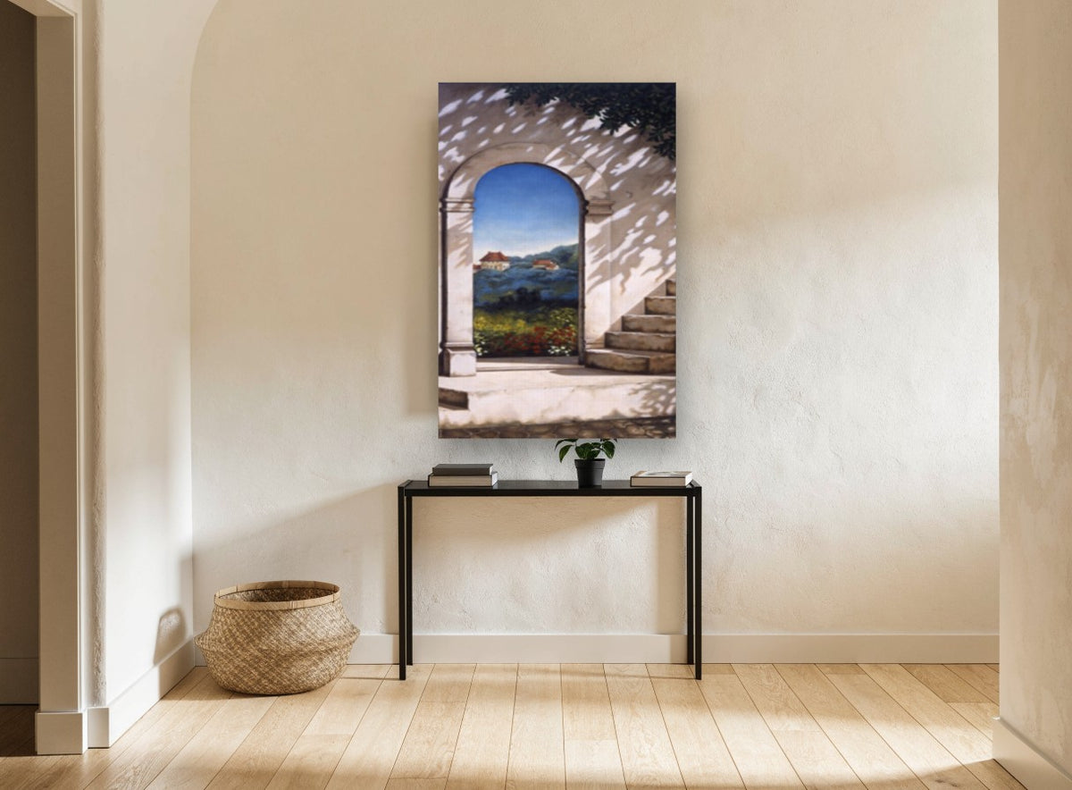 Arch to the Valley landscape canvas print on the wall of a hallway