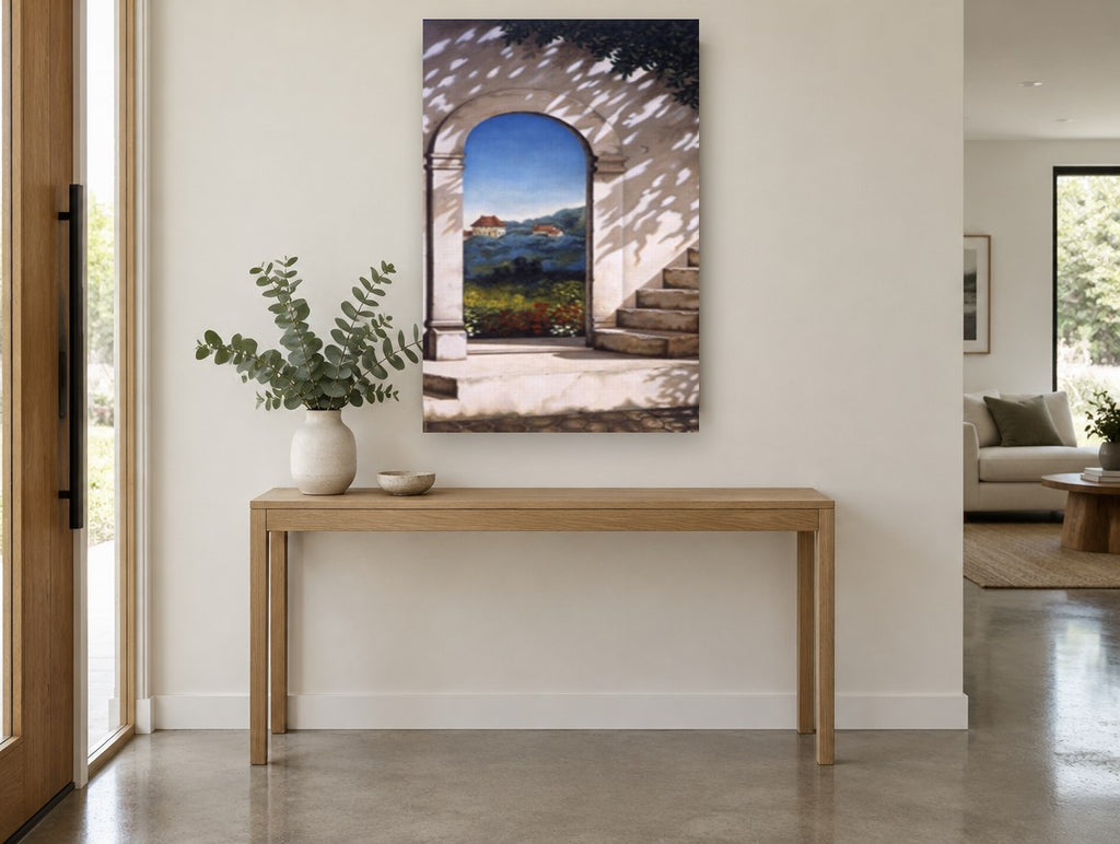 Arch to the Valley landscape canvas print on the wall of a entry hall