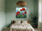 Poppies Against Blue Sky floral canvas print on the wall of a bedroom