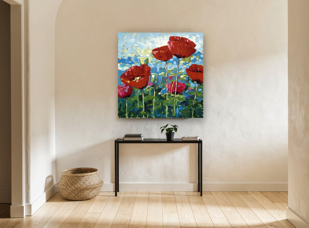 Poppies Against Blue Sky floral canvas print on the wall of a hallway