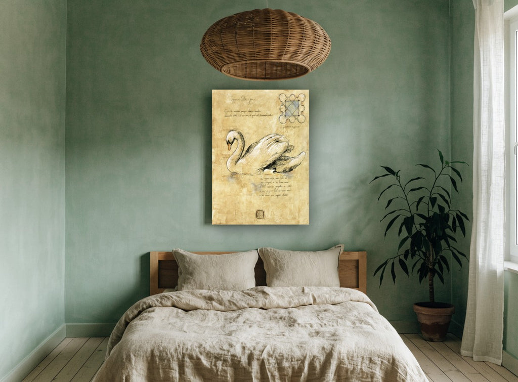 Parchment Swan Glide vintage canvas print on the wall of a bedroom